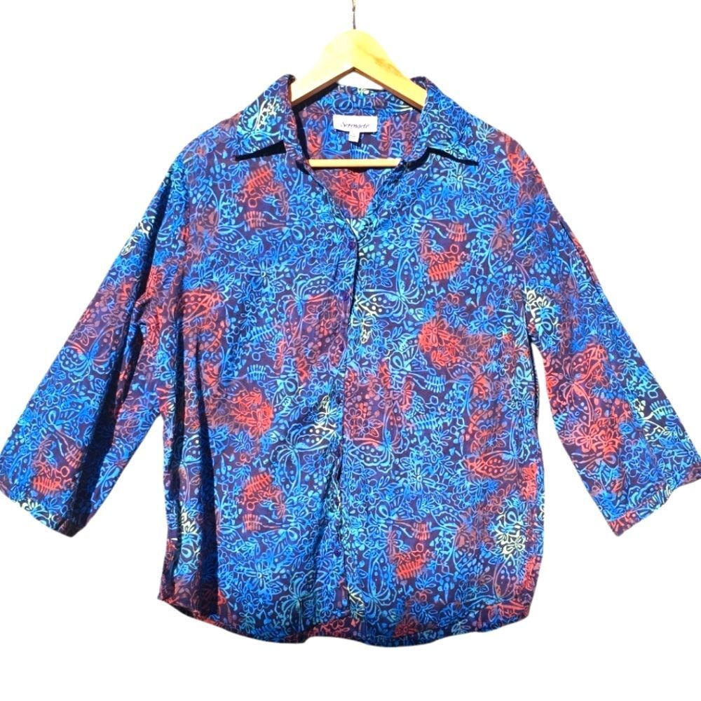 Serengeti -621 Blue Multicolor Floral 3/4 Sleeve Collared Button Up Shirt Size L